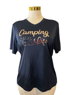 Team 365 Women's XL Camping Life Performance Tee Navy Blue Gold V-Neck Wicking
